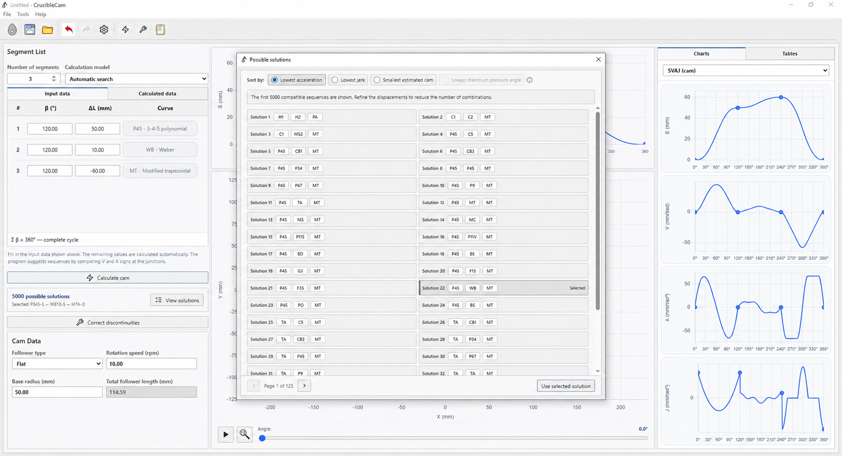 CrucibleCam window showing automatic-search results for motion-law sequences