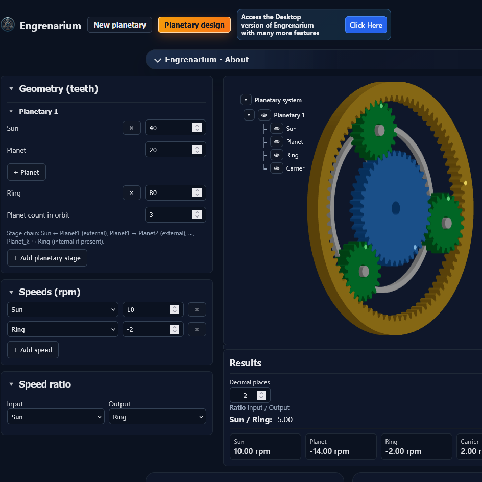 Engrenarium Web interface with planetary gear parameters and a 3D gear model