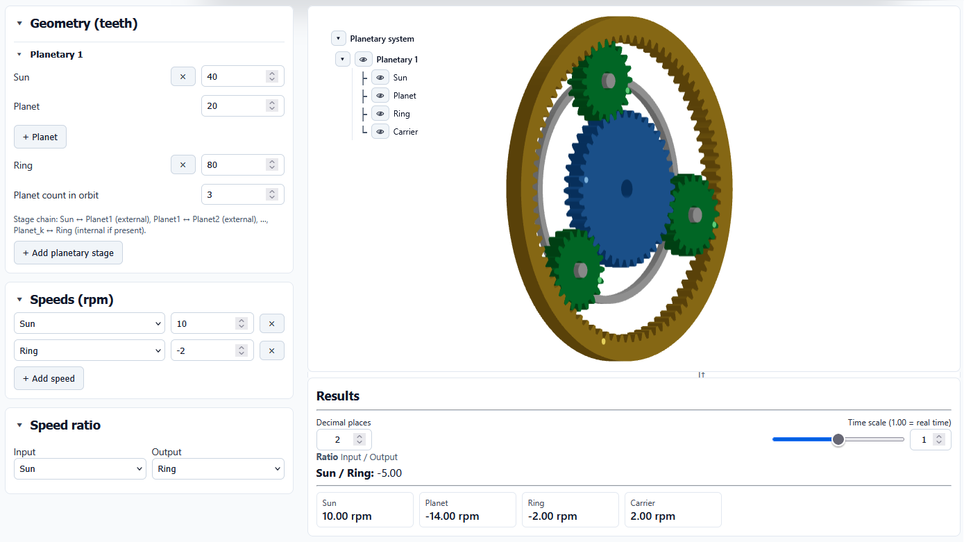 Engrenarium Web interface for studying planetary gears