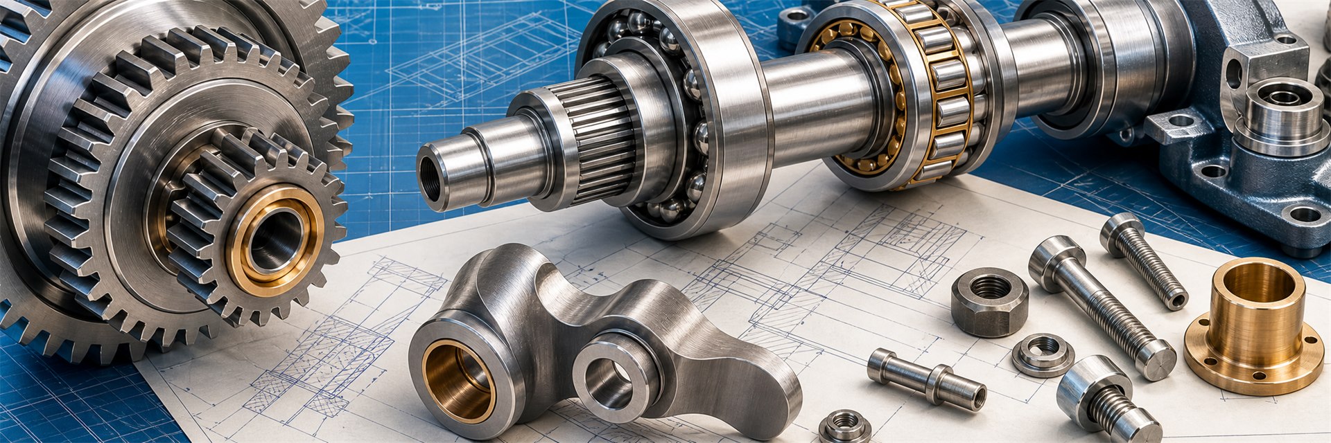 Mechanical elements with gears, shaft, bearings and technical drawings