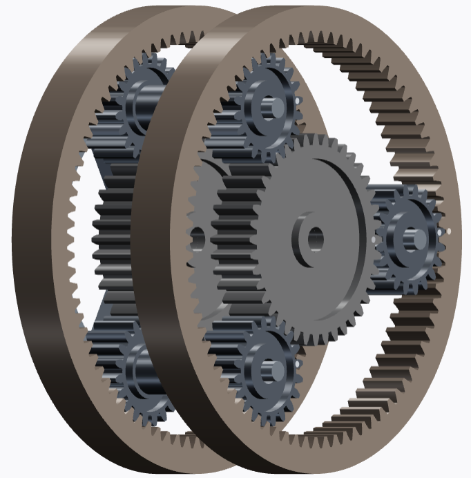 Exemplo de trem planetário com dois conjuntos em vista isométrica