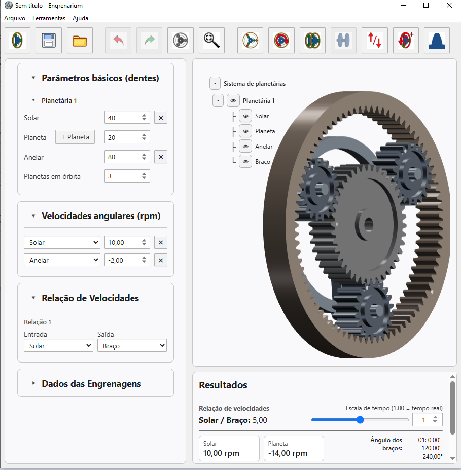 Engrenarium software interface showing a planetary gear model and parameter panels